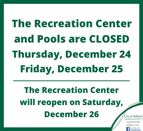 Rec Center Closed Dec 24-25 Newsflash